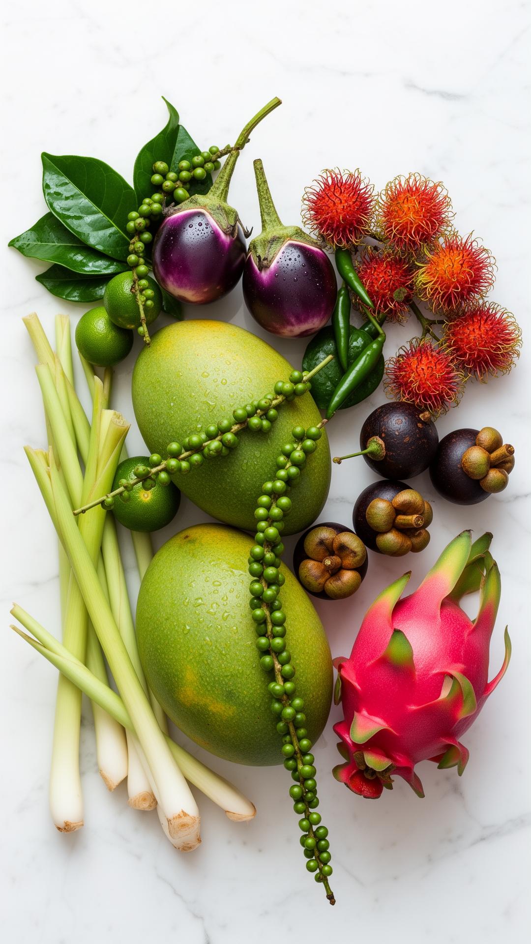 Fresh Thai vegetables, herbs and tropical fruits arranged on a white marble surface